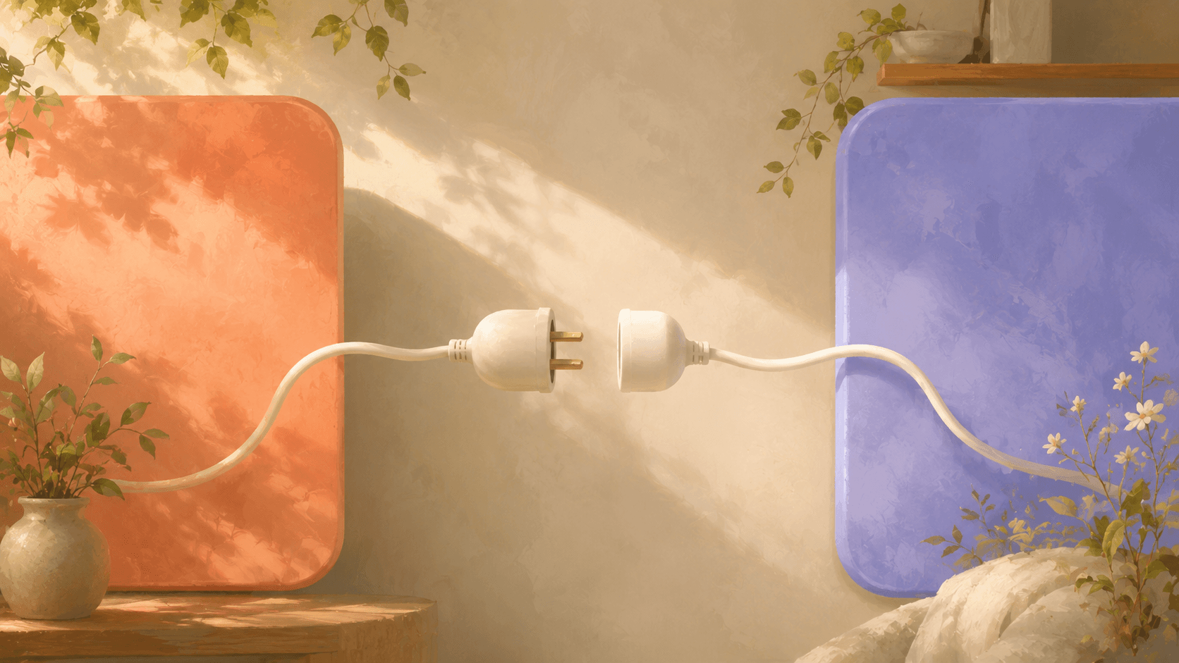 Two connected plugs against pastel coral and lavender panels